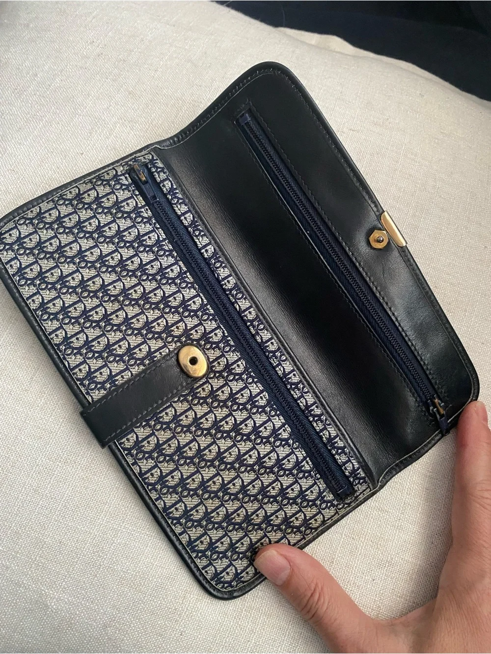 Vintage Christian Dior Clutch Wallet EUC Strap Added Navy Canvas/Leather Bag